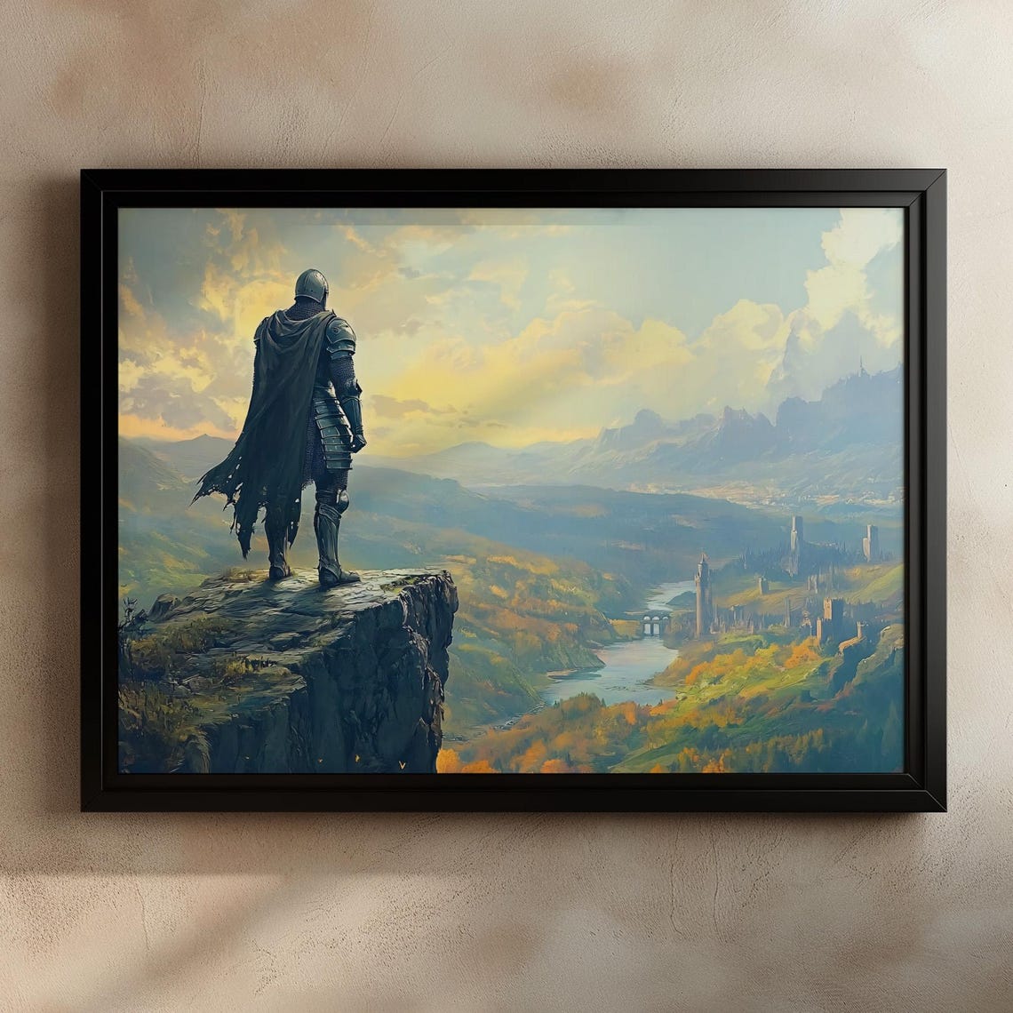 Lone Knight On Cliff Overlooking Valley Epic Fantasy Landscape Poster