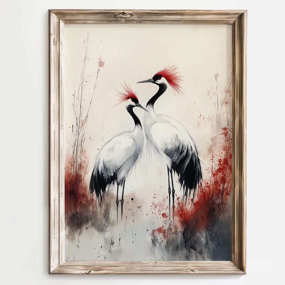 Pair of Red Crowned Cranes Japanese Watercolor Style Art Poster