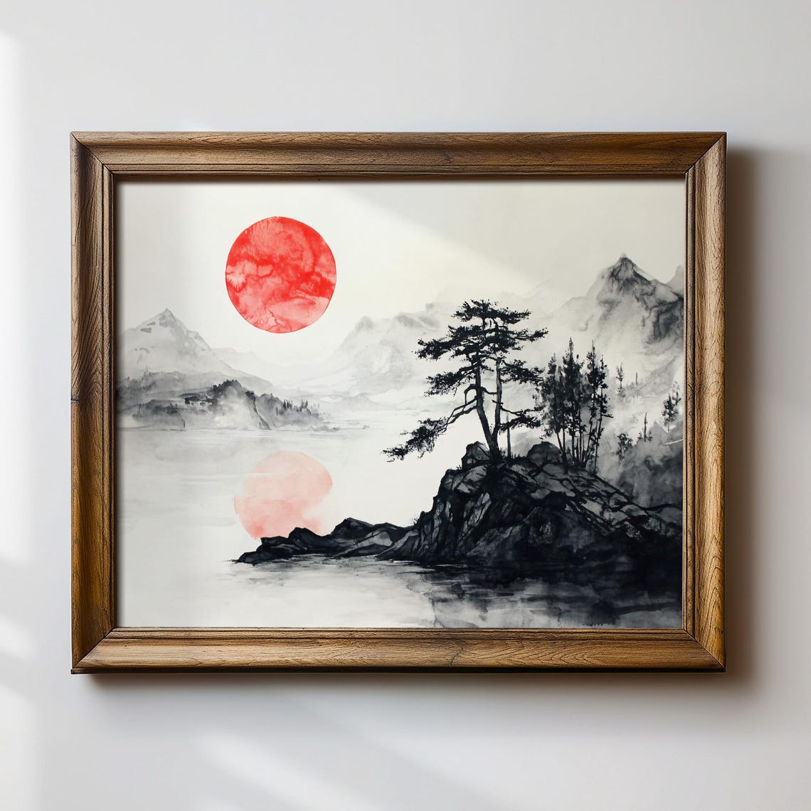 Red Sun Over Ink Mountains Japanese Sumi E Zen Landscape Poster
