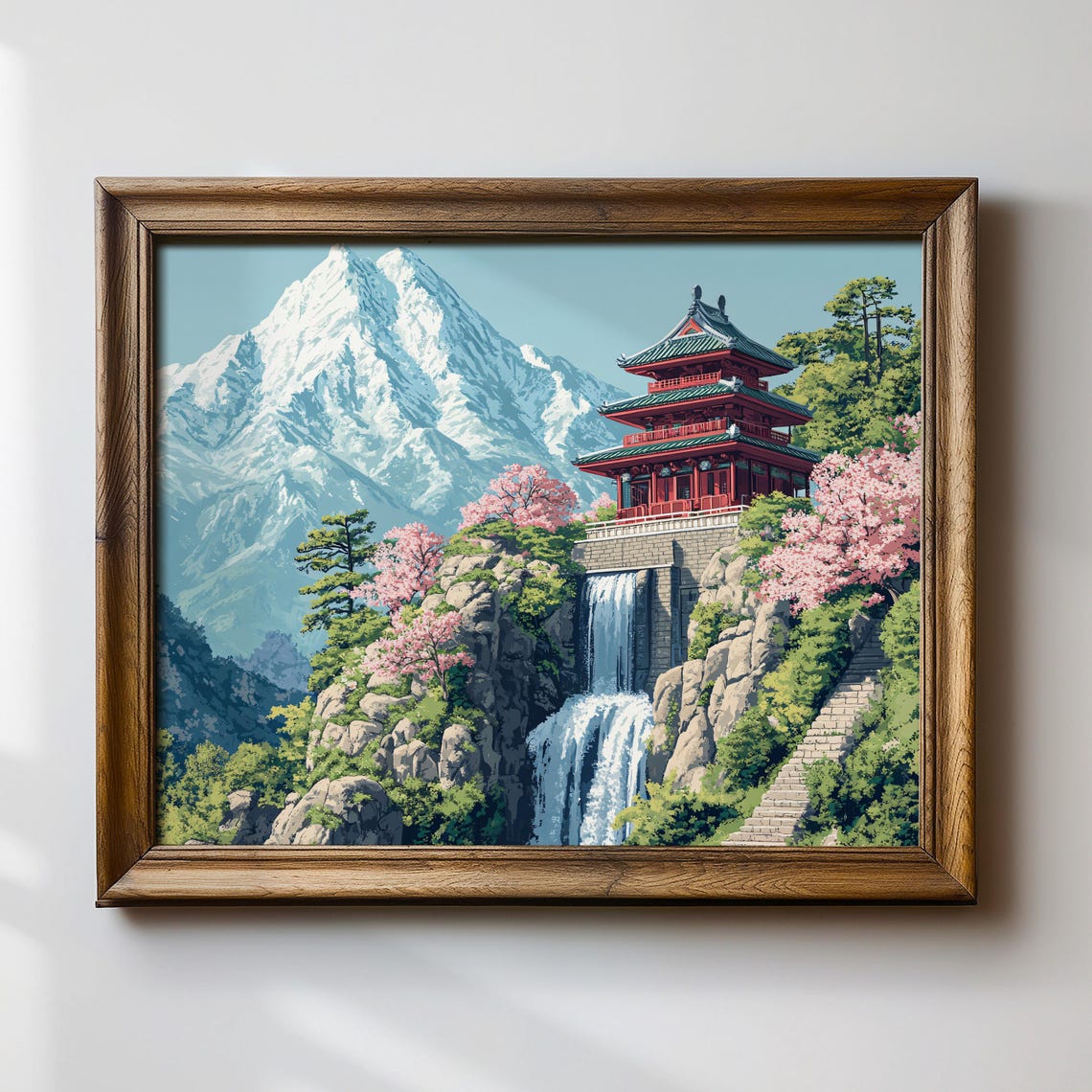 Japanese Red Pagoda Above a Waterfall with Snowy Mountain Poster