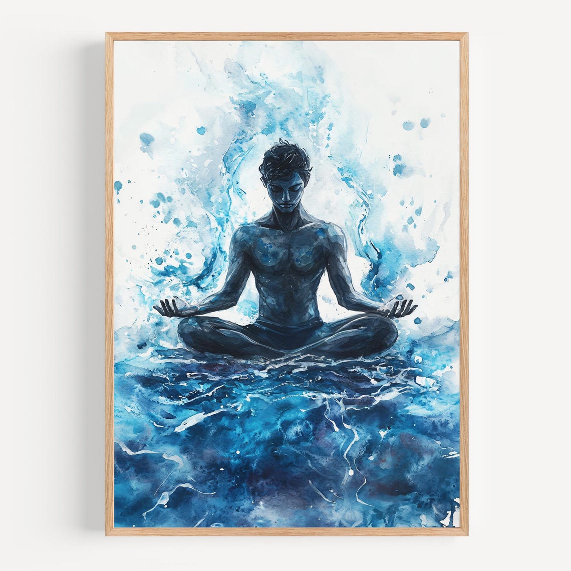 Blue Watercolor Meditating Figure Zen Mindfulness Yoga Scene Poster - Image 2