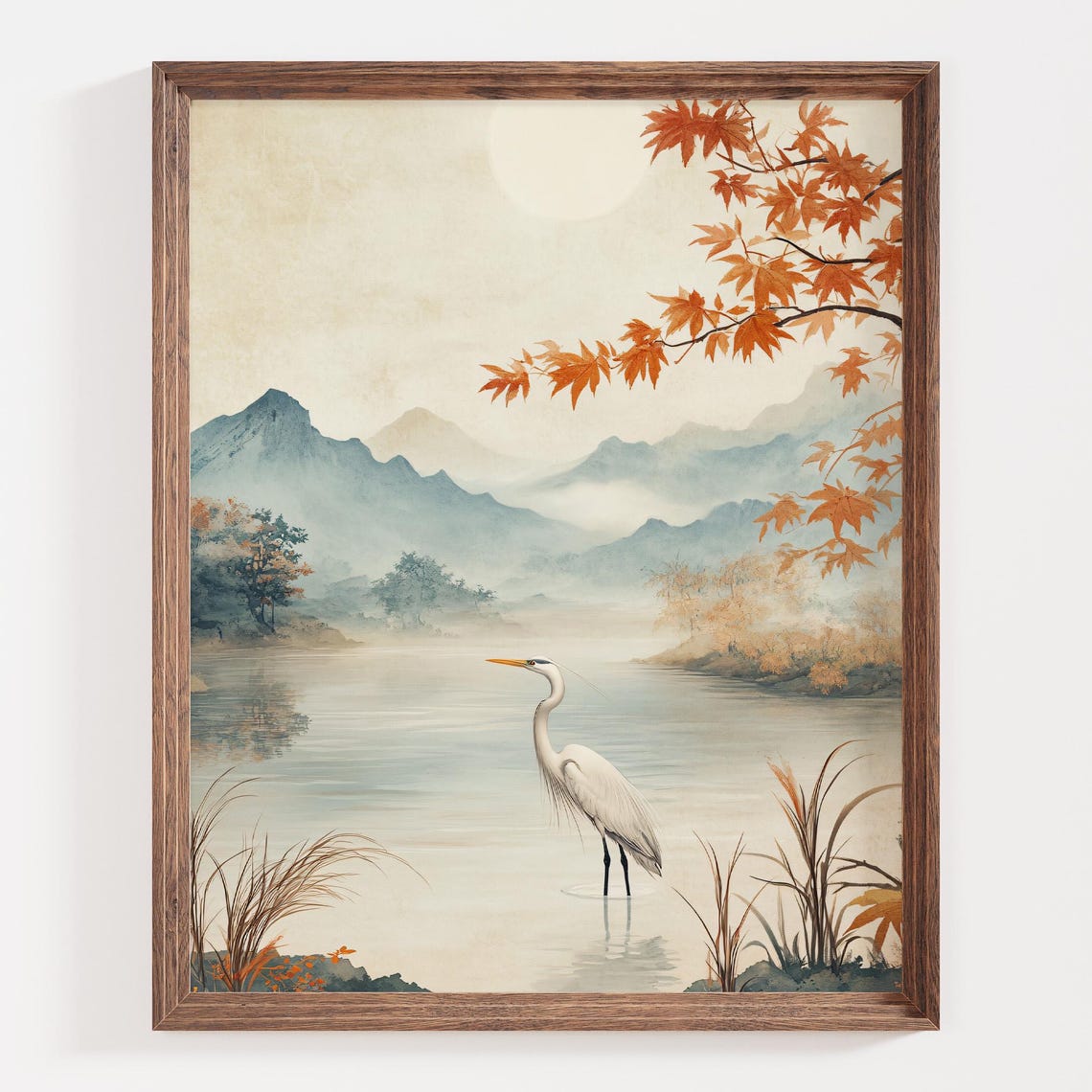 White Egret Standing in an Autumn Lake with Maple Leaves Poster - Image 2