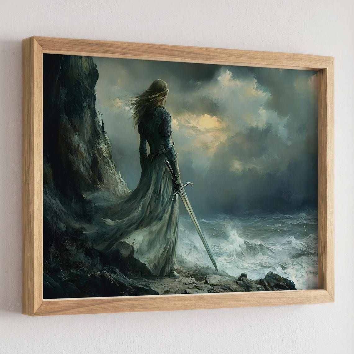 Stormy Cliff Female Warrior With Sword Dark Fantasy Seascape Poster - Image 2