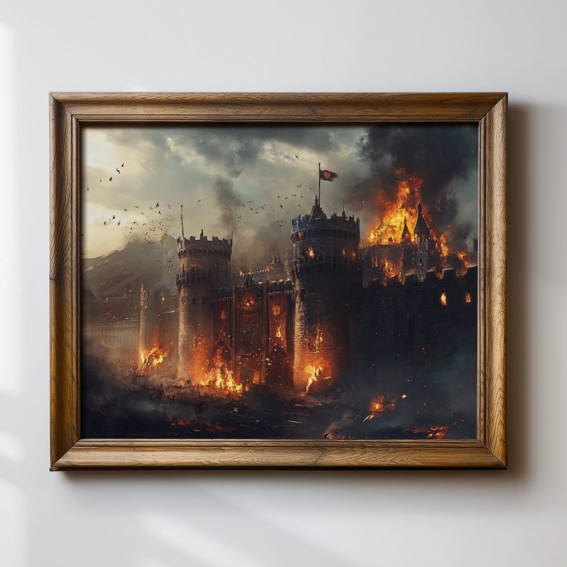 Epic Medieval Castle Under Siege Dramatic Fantasy Art Print Burning Fortress Wall Decor Fantasy Battle Scene Dark Medieval Artwork