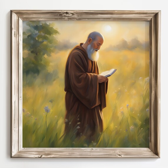 Elderly Monk Reading a Book in a Golden Wildflower Meadow Poster