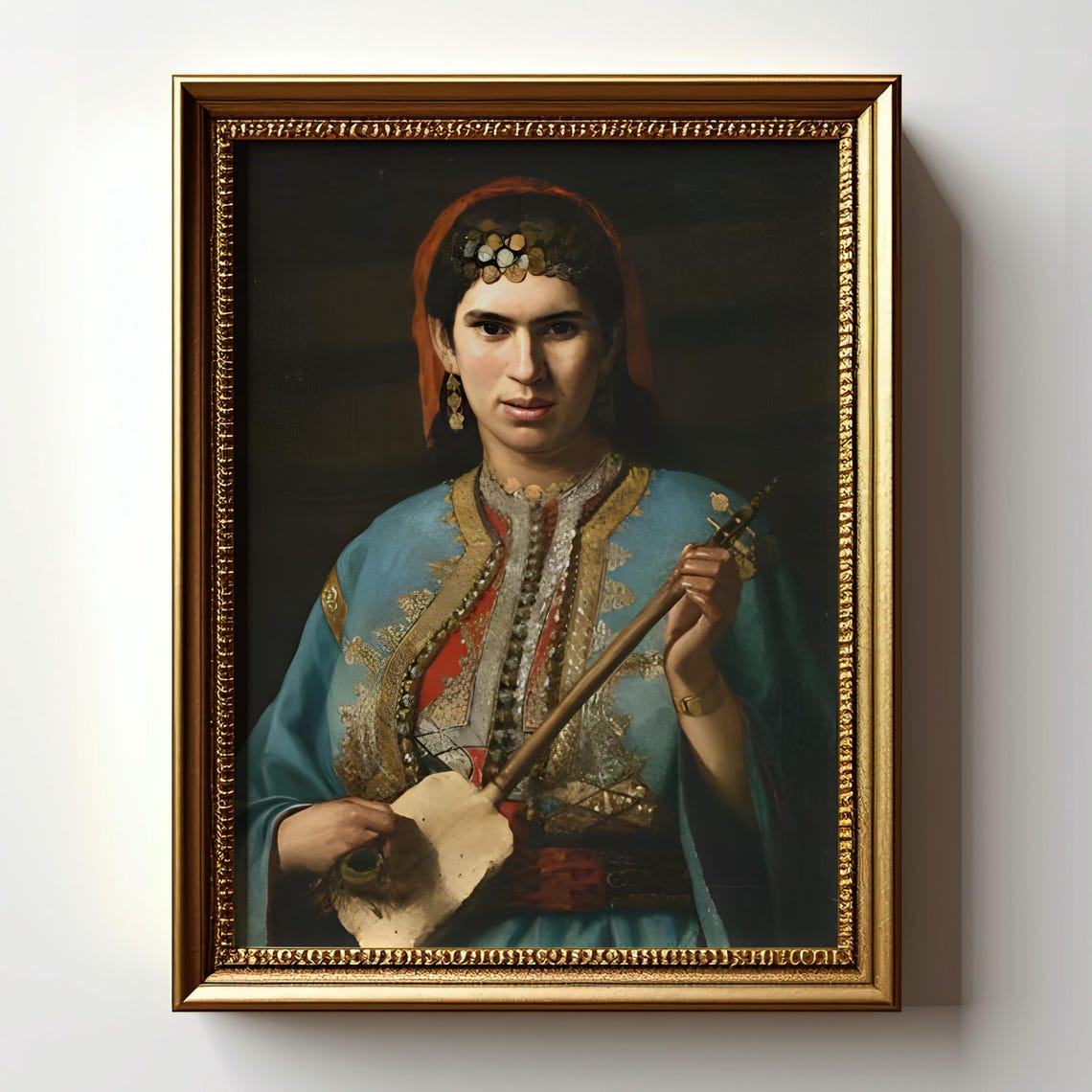 Eastern Woman with Lute in Blue Embroidered Robe Portrait Poster - Image 3