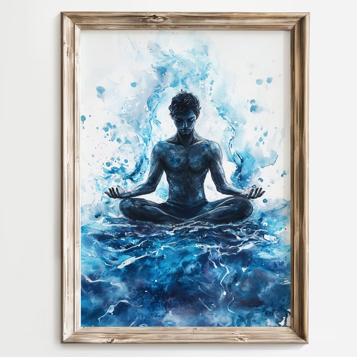 Blue Watercolor Meditating Figure Zen Mindfulness Yoga Scene Poster - Image 3