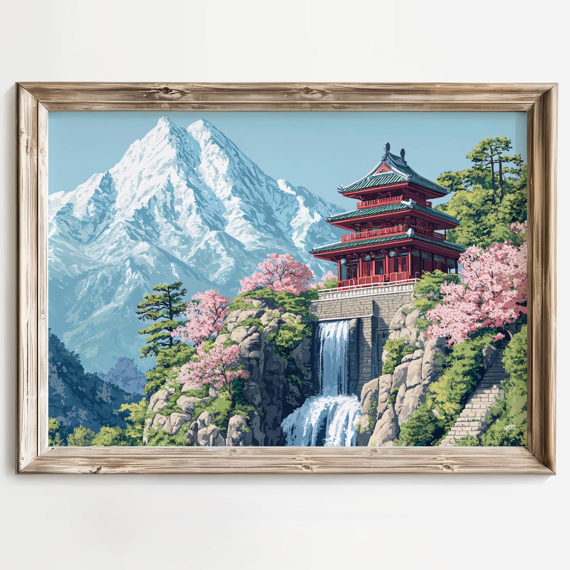 Japanese Red Pagoda Above a Waterfall with Snowy Mountain Poster - Image 2