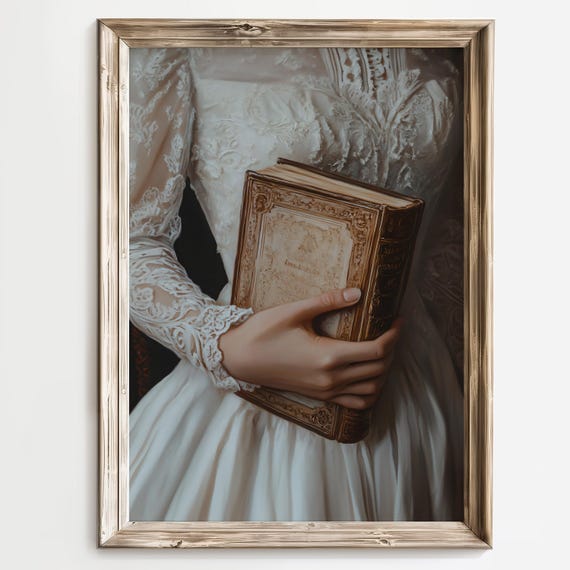 Vintage Book Art Elegant Woman Holding Antique Book Classic Literature Artwork Timeless Book Lover Gift Victorian Fashion Wall Art