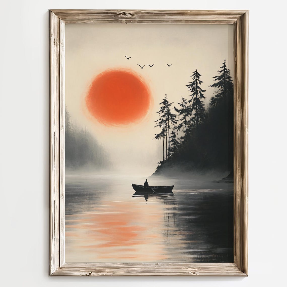 Silhouetted Canoe on a Misty Lake at Sunset Japanese Style Poster - Image 3