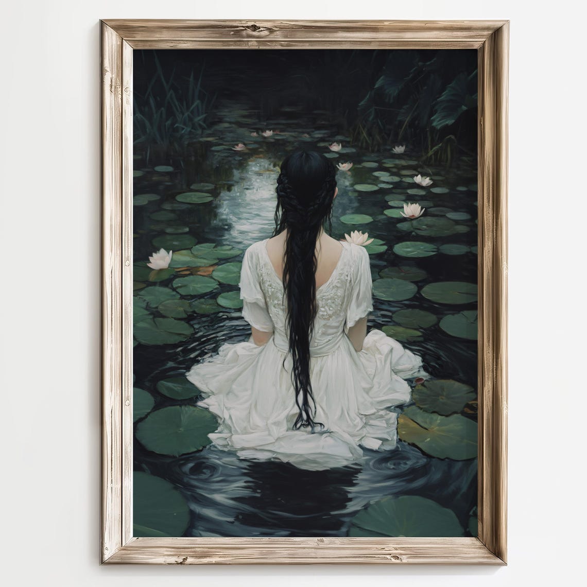 Romantic Water Lily Pond Print Gothic Nature Artwork Ethereal Woman In White Dress Dark Academia Wall Art Moody Botanical Artwork