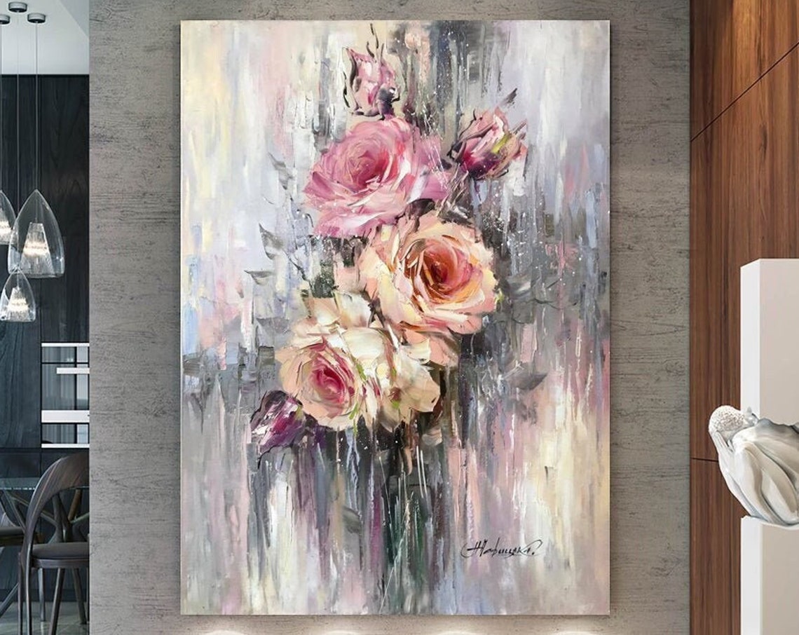 Abstract Pink Roses Gray Beige Background Modern Floral Oil Poster
