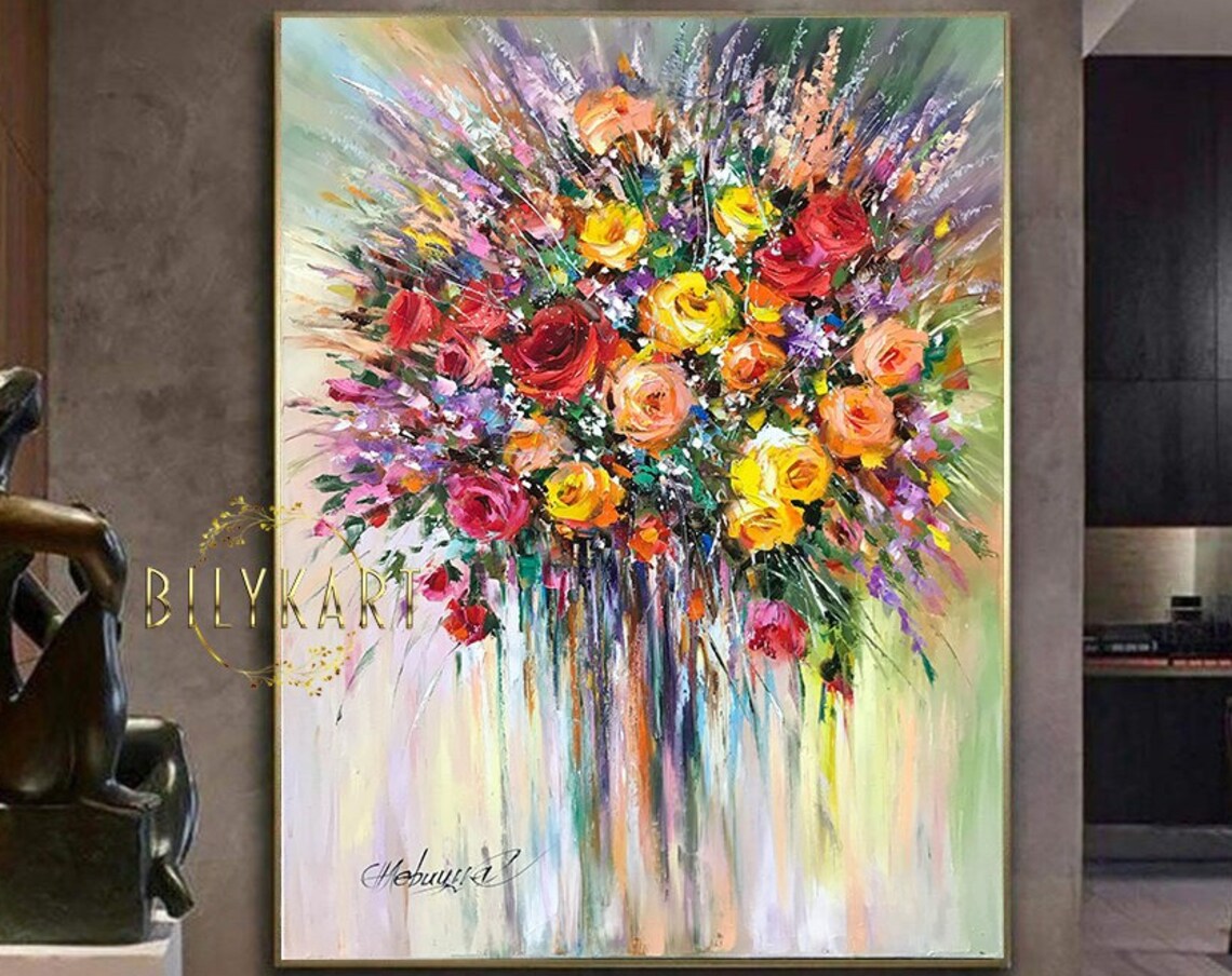 Abstract Rose Bouquet Red Yellow Purple Vibrant Floral Art Poster