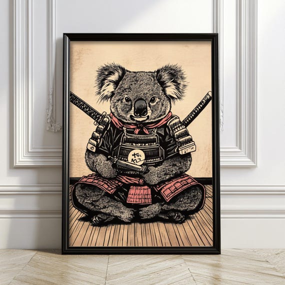 Samurai Koala Wall Art Print Japanese Warrior Zen Ninja Decor Vintage Style Anime