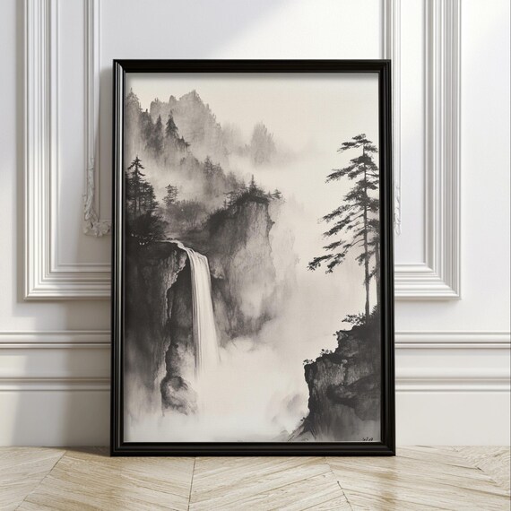 Misty Mountain Waterfall Japanese Ink Wash Minimalist Nature Poster