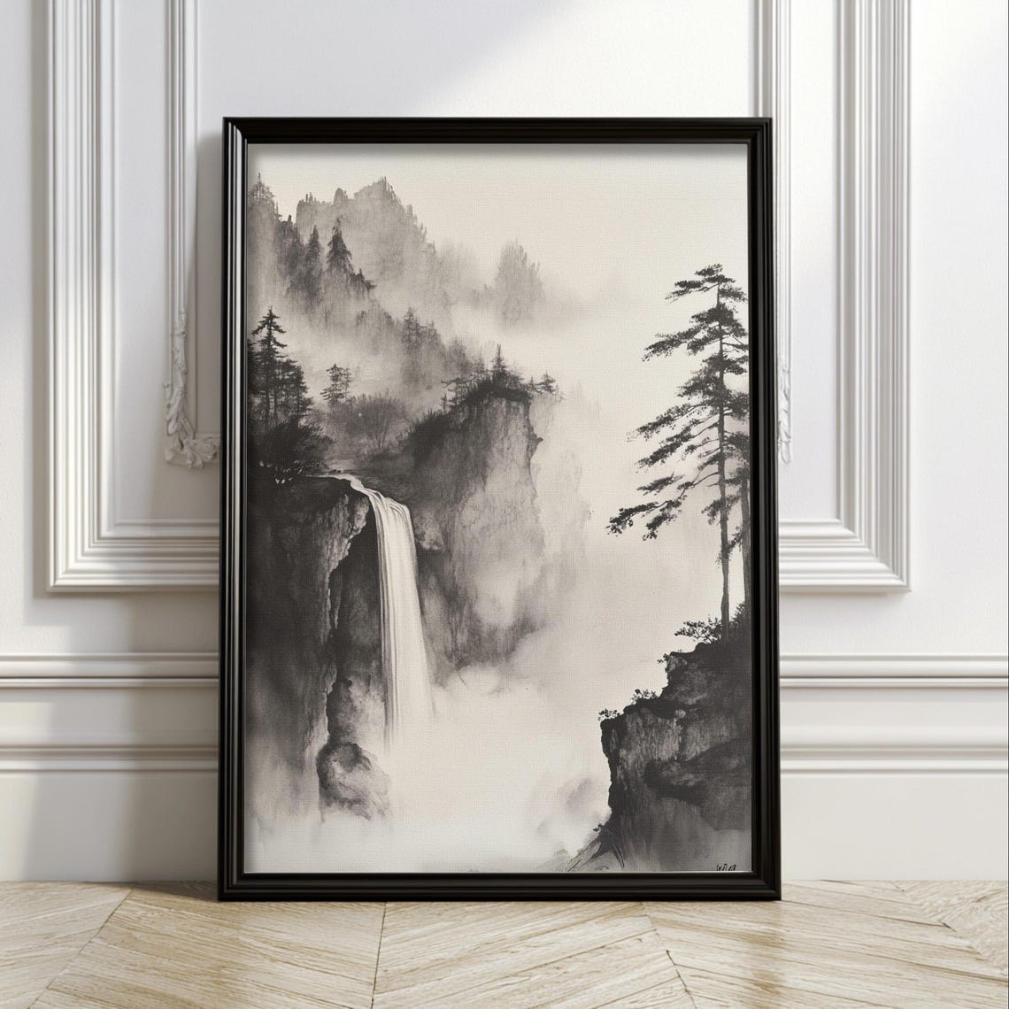 Misty Mountain Waterfall Japanese Ink Wash Minimalist Nature Poster