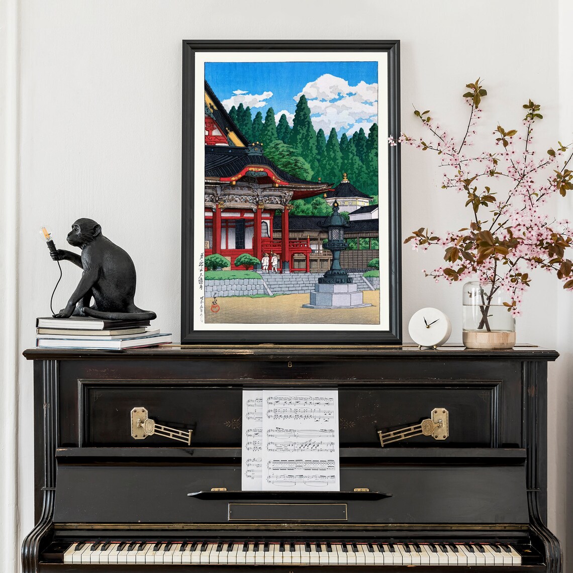Kawase Hasui Red Temple Pavilion Stone Lantern Cedar Vintage Woodblock Poster - Image 2