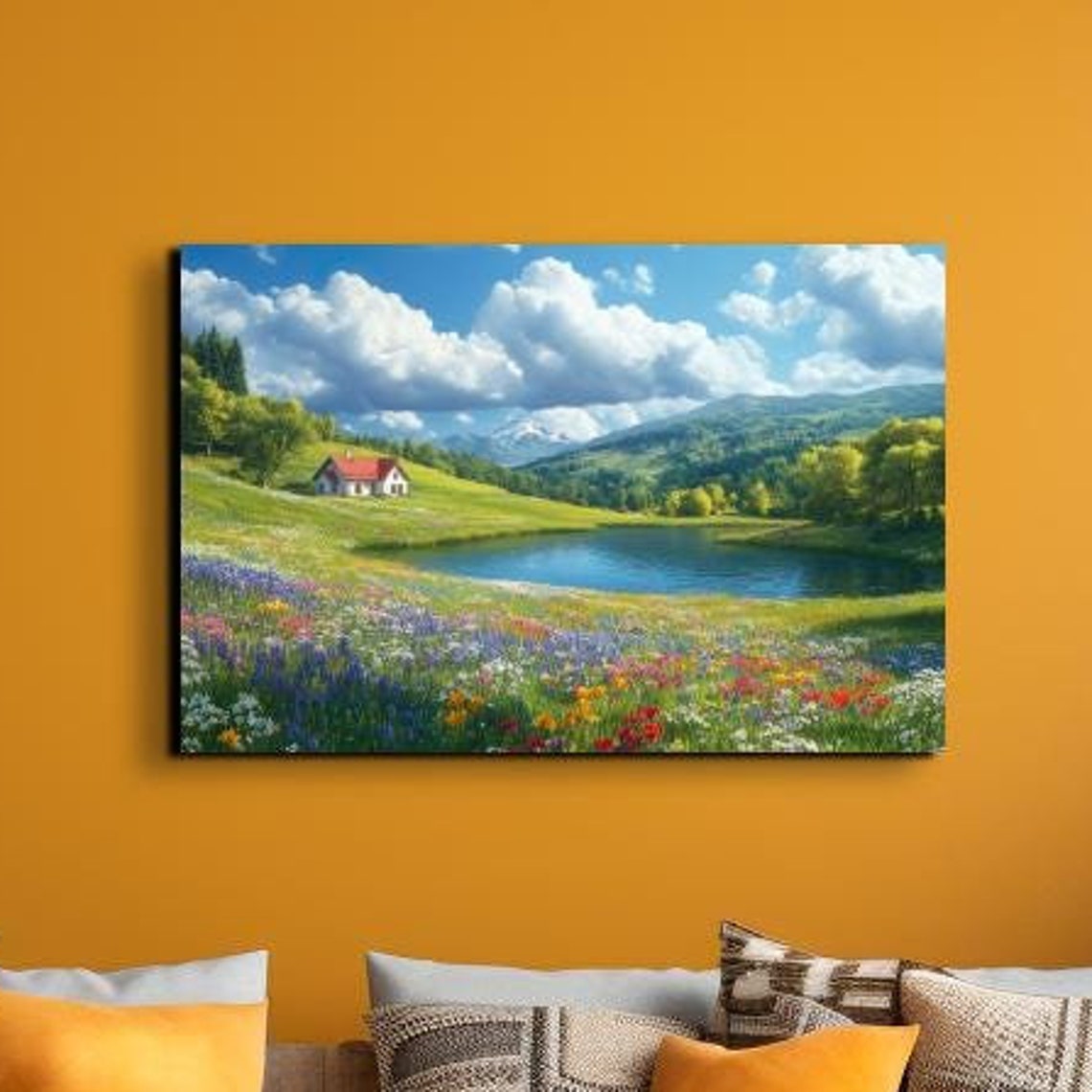 Colorful Wildflower Meadow Lake Mountain Cabin Landscape Poster