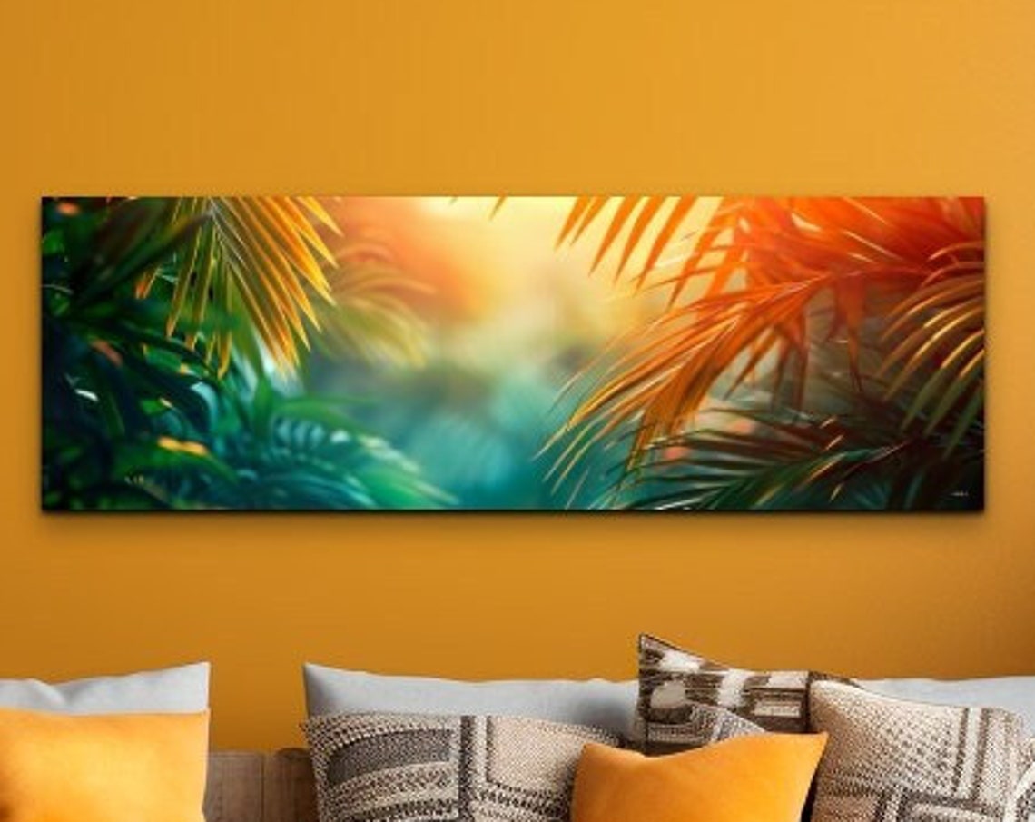 Tropical Palm Leaves Golden Sunset Glow Panoramic Botanical Wall Art