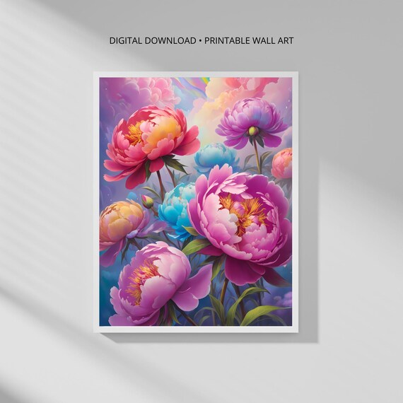 Modern Botanical Wall Art Print Colorful Peony Flower Minimalist Decor