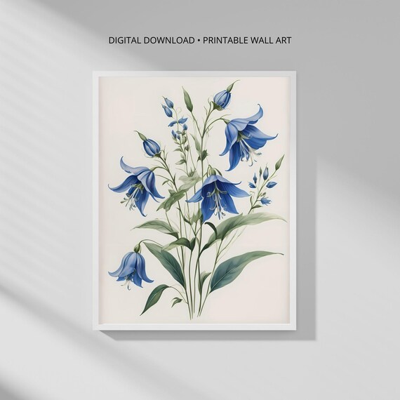 Modern Botanical Wall Art Print Azure Bellflowers Minimalist Decor