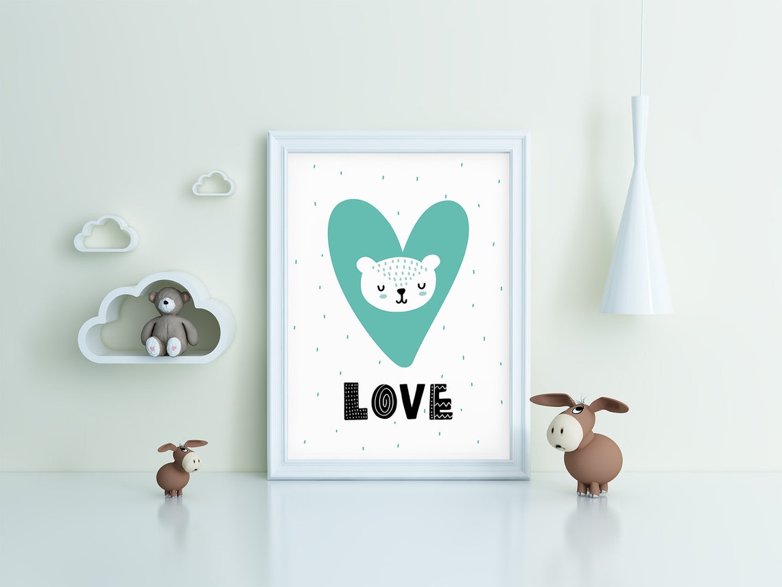 Teal Heart Sleeping Bear Love Nursery Poster Cute Baby Room Kids Decor - Image 3