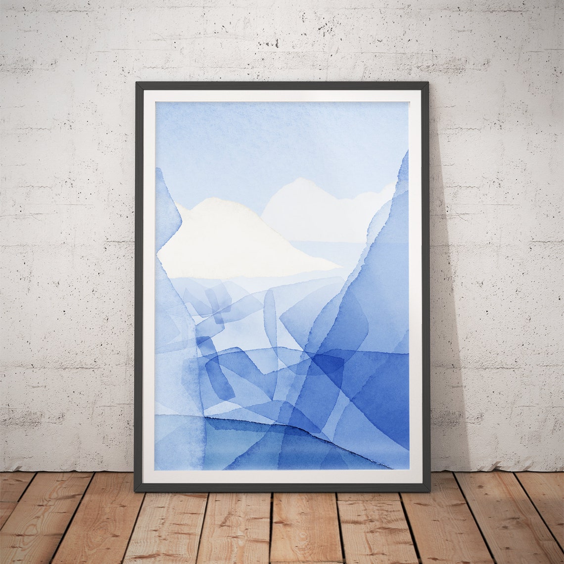 Blue Abstract Watercolor Mountain Layers Minimalist Art Poster