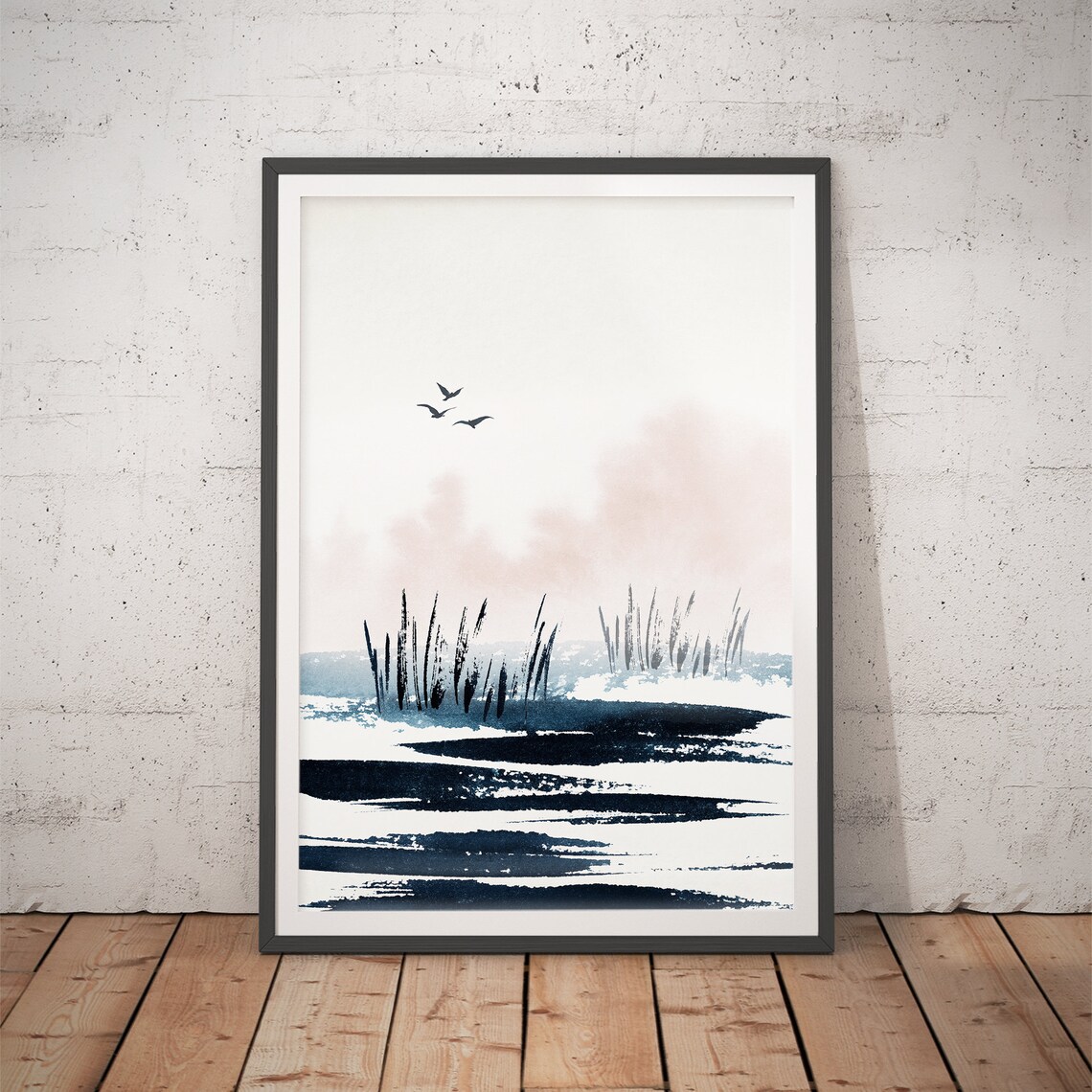 Minimalist Beach Scene Flying Birds Reeds Ink Watercolor Poster