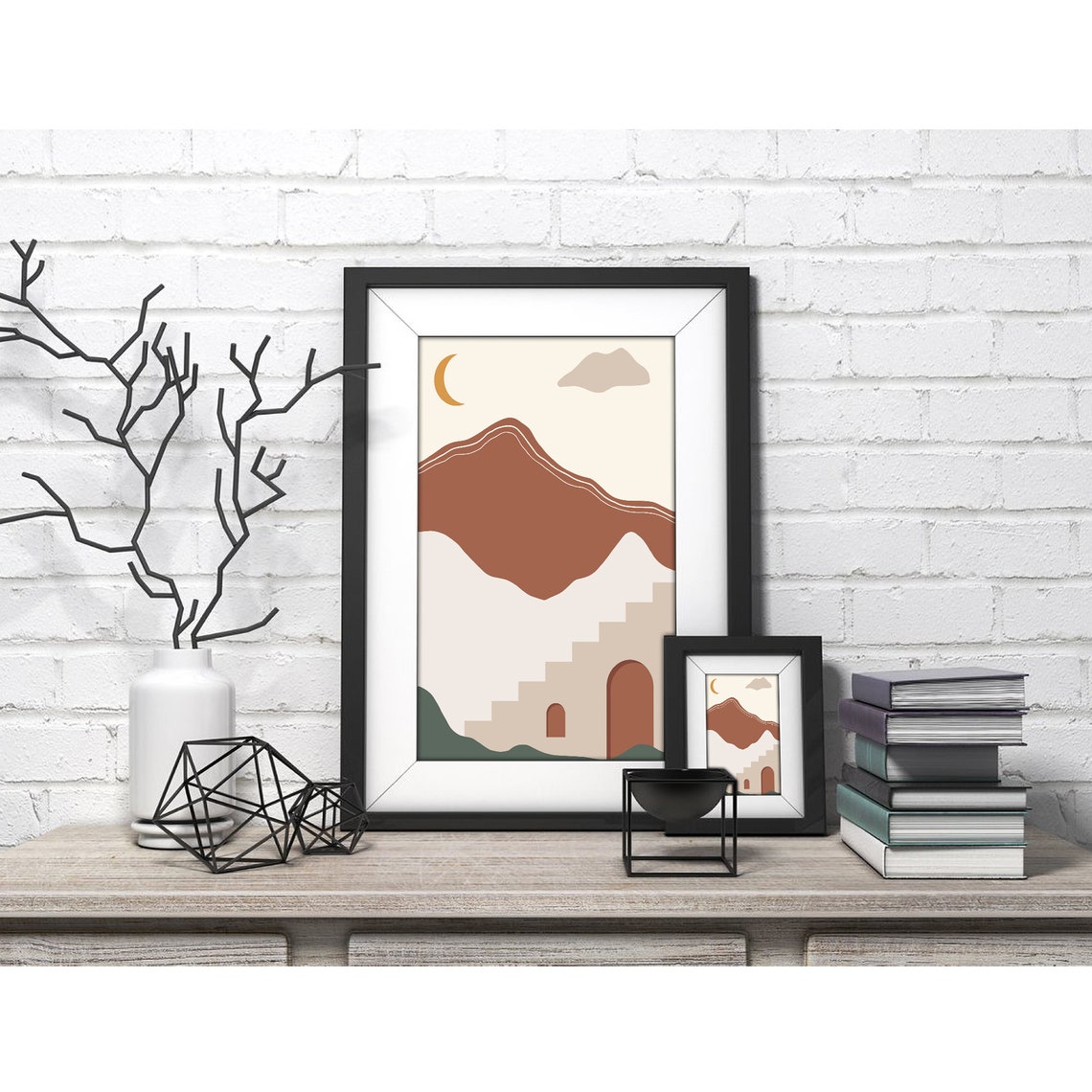 Crescent Moon Over Terracotta Mountain Village Stairs White Poster - Image 3