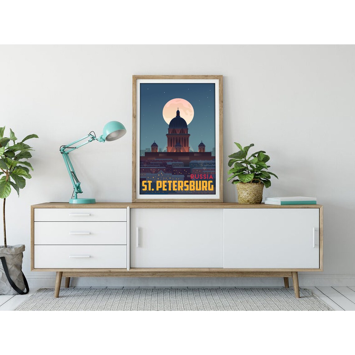 St. Petersburg Russia Full Moon Night Skyline Vintage Travel Poster - Image 3