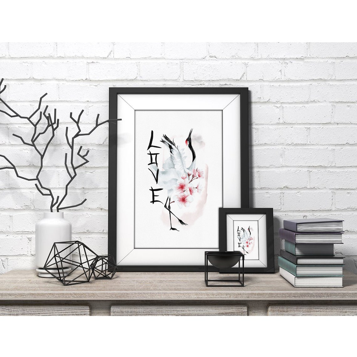 Crane with Cherry Blossoms and Love Calligraphy Japanese Poster - Image 4