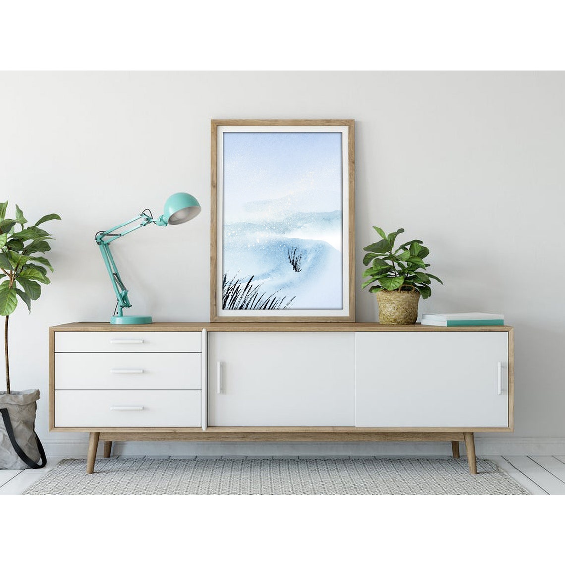 Misty Pale Beach With Dark Reeds Minimalist Watercolor Poster - Image 3