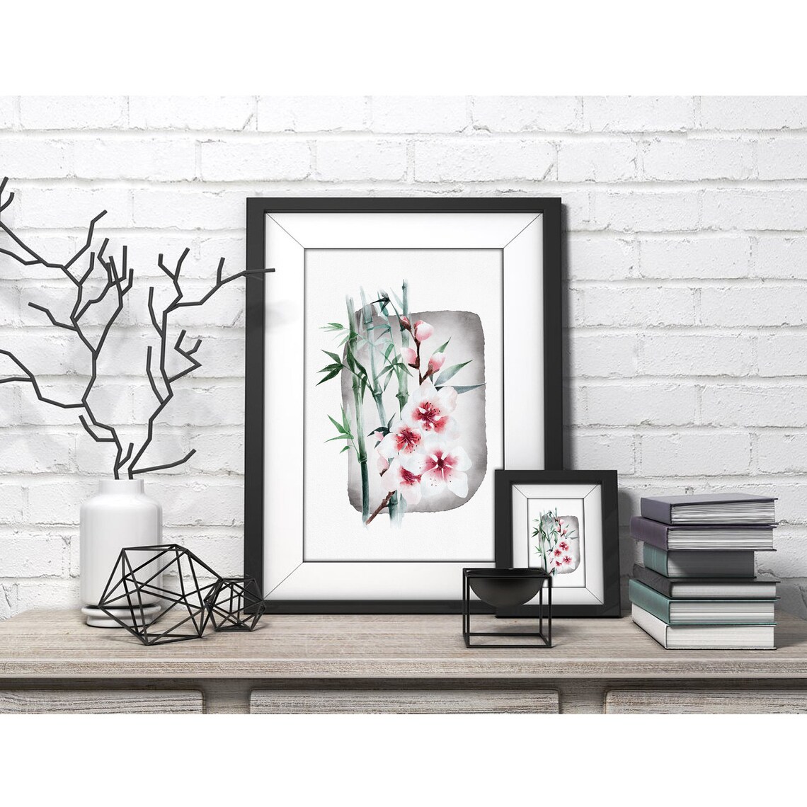 Bamboo Stalks and Pink Cherry Blossoms Japanese Watercolor Poster - Image 4