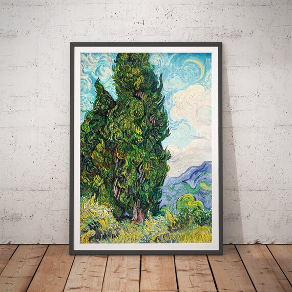 Vincent van Gogh Cypresses Beneath a Swirling Sky Landscape Poster