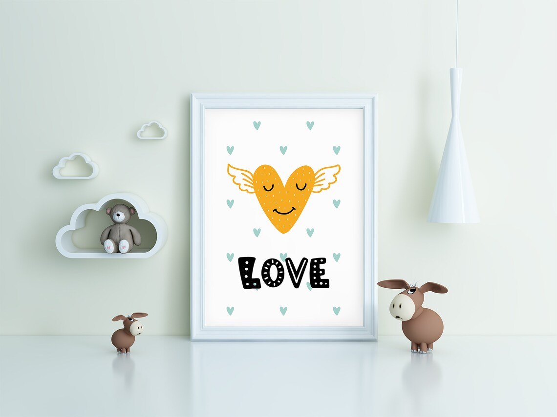 Smiling Winged Heart Love Nursery Poster Mustard Yellow Scandi Kids Art - Image 3