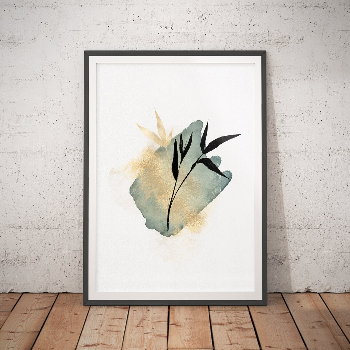 Minimal Black and Gold Branch on Green Wash Japanese Art Poster