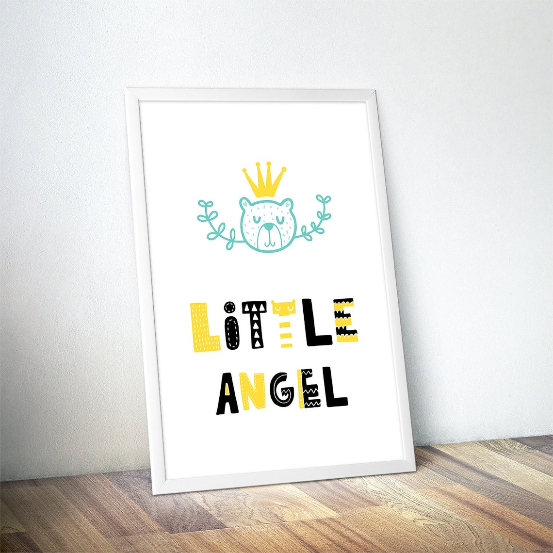 Little Angel Crowned Bear Nursery Poster Yellow Black Kids Room Decor - Image 4