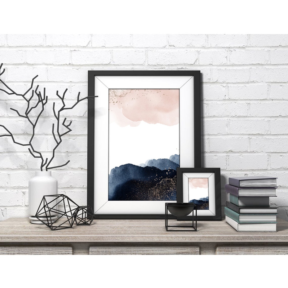 Blush Sky Over Navy Mountains Gold Specks Minimal Art Poster - Image 4