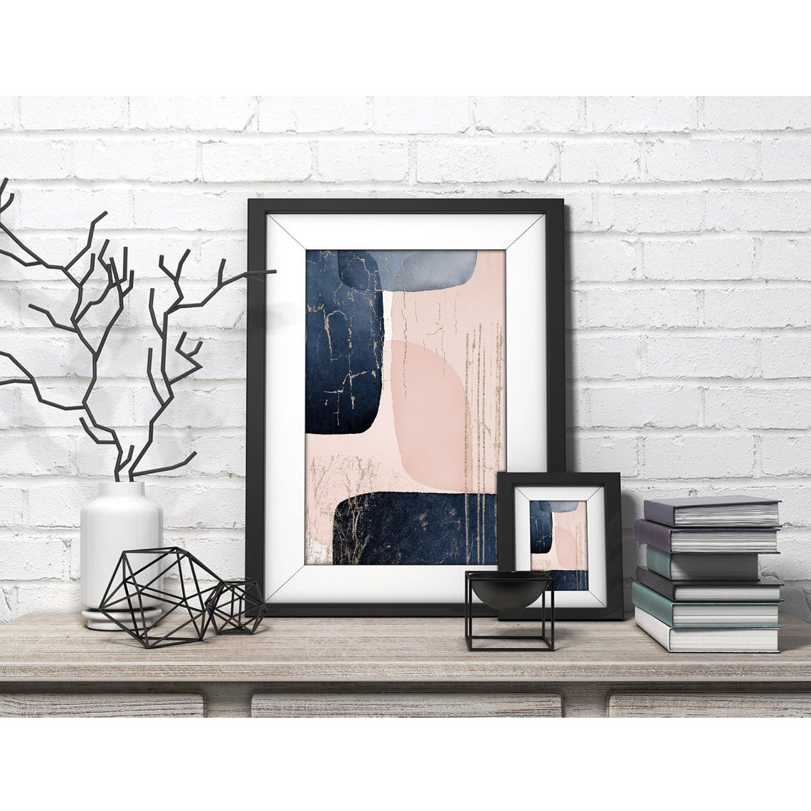 Navy Blue and Blush Abstract With Gold Veins Modern Art Poster - Image 4