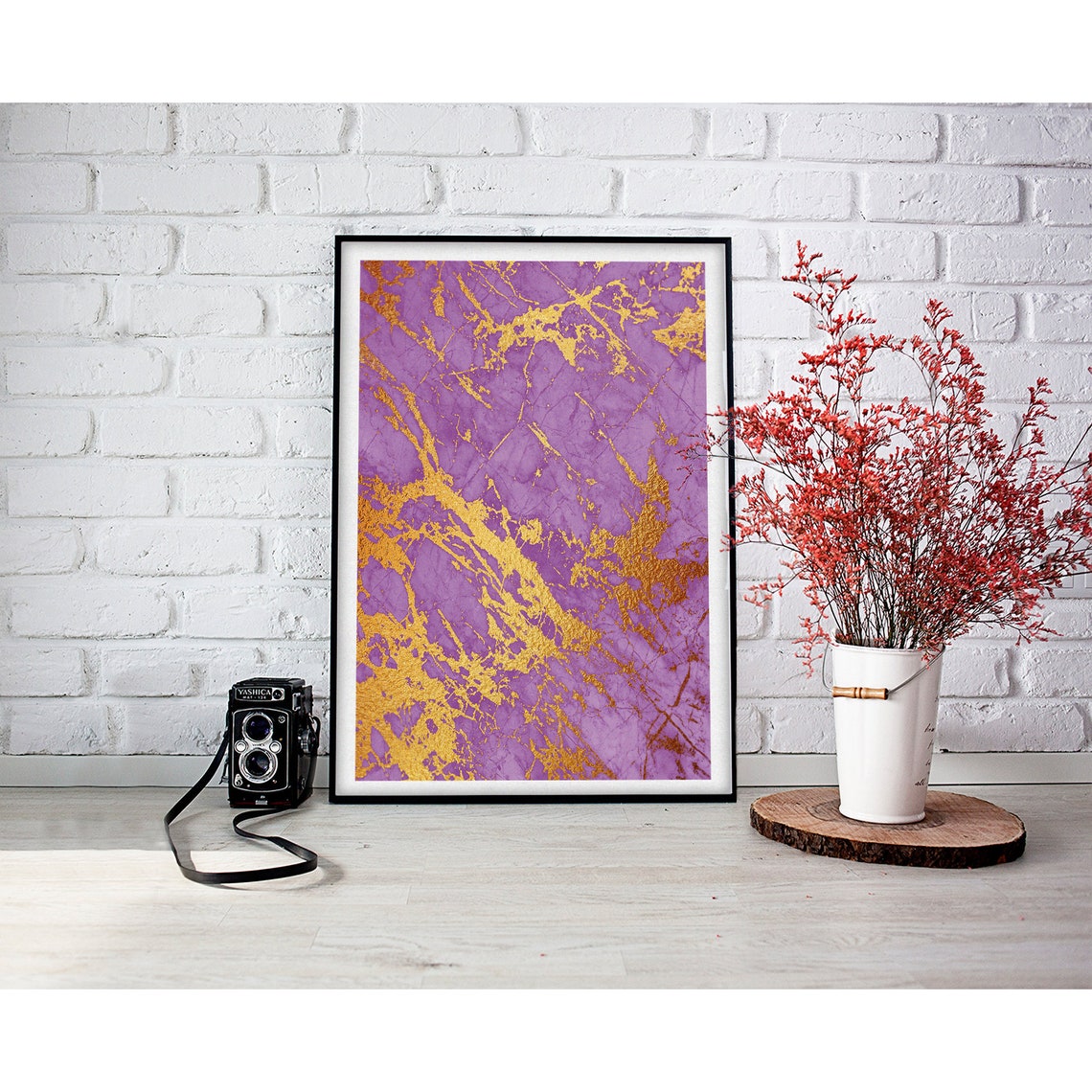 Violet Marble Bold Gold Diagonal Veins Glam Abstract Art Poster - Image 3