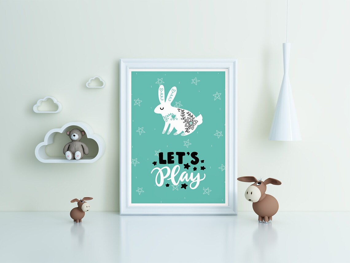 Let's Play Bunny Nursery Poster Mint Teal Rabbit Kids Playroom Wall Decor - Image 3