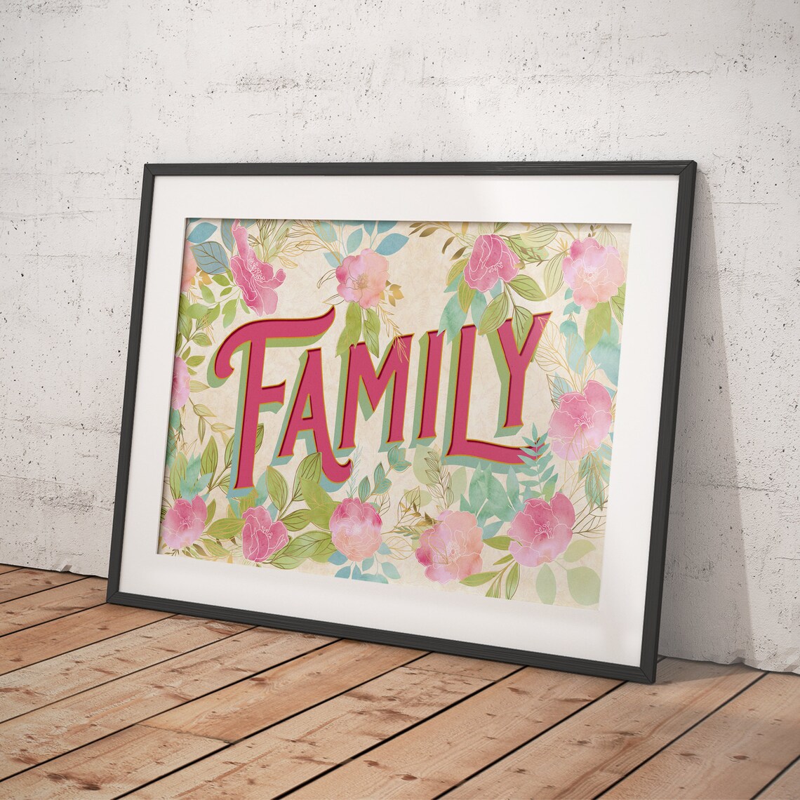 Family Pink Lettering Over Pastel Floral Wreath Quote Art Poster - Image 4