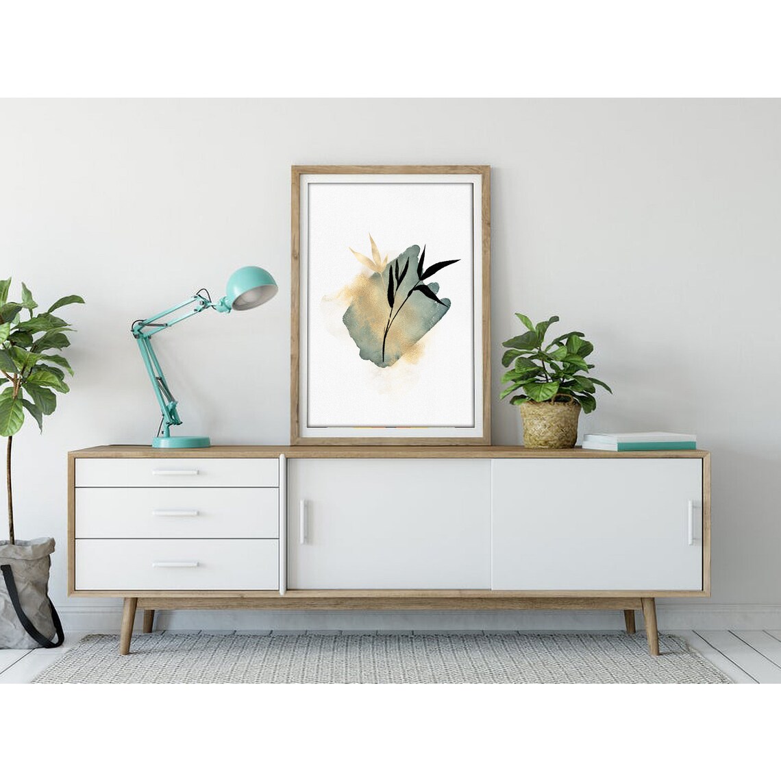 Minimal Black and Gold Branch on Green Wash Japanese Art Poster - Image 3