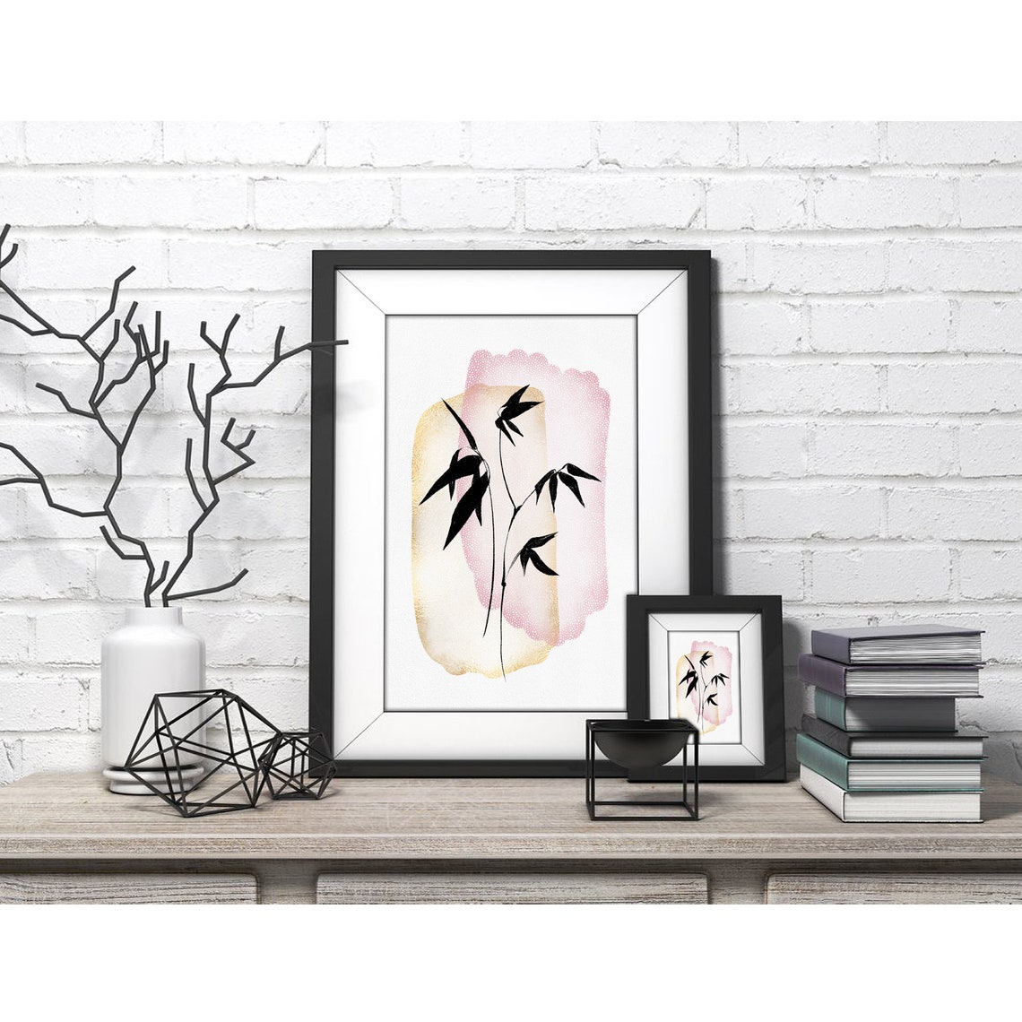 Black Bamboo Silhouette on Blush Pink Wash Japanese Watercolor Poster - Image 4