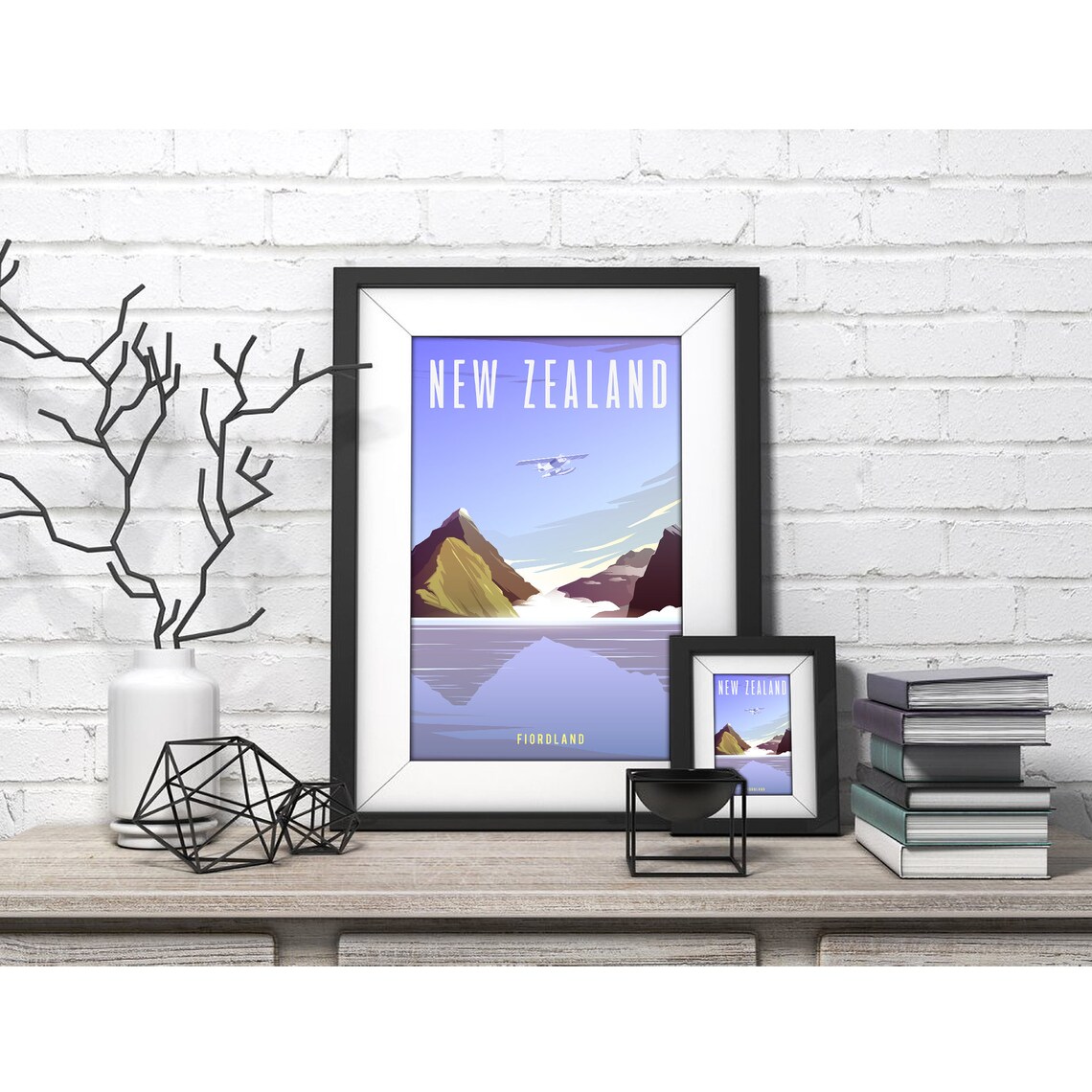 New Zealand Fiordland Mountain Lake Seaplane Vintage Travel Poster - Image 4