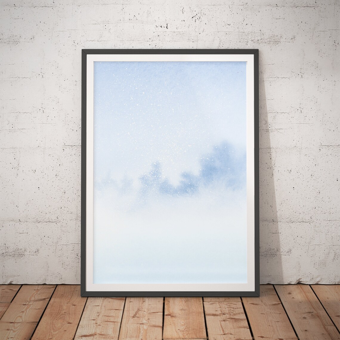 Foggy Winter Forest In Mist Pale Blue Watercolor Print Decor