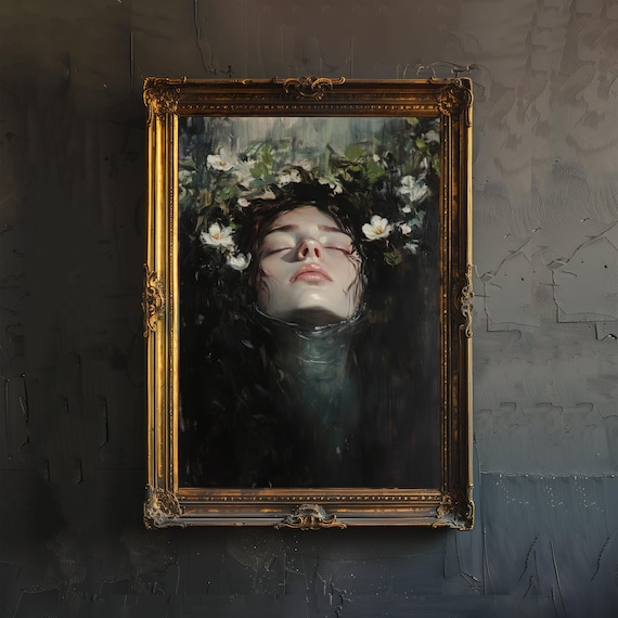 Ophelia Dark Academia Drowned Woman Floral Gothic Victorian Print