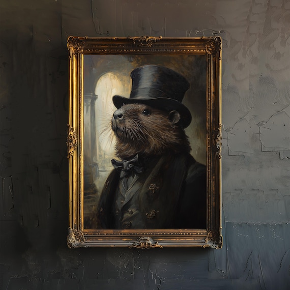 Victorian Beaver Gentleman Top Hat Bow Tie Gothic Portrait Poster