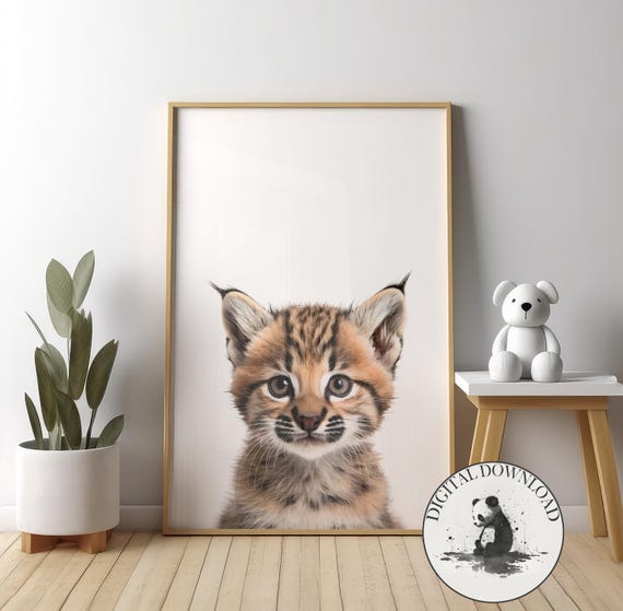 Baby Bobcat Wall Art Cute Illustration Infant Nursery Decor Ink Drawing