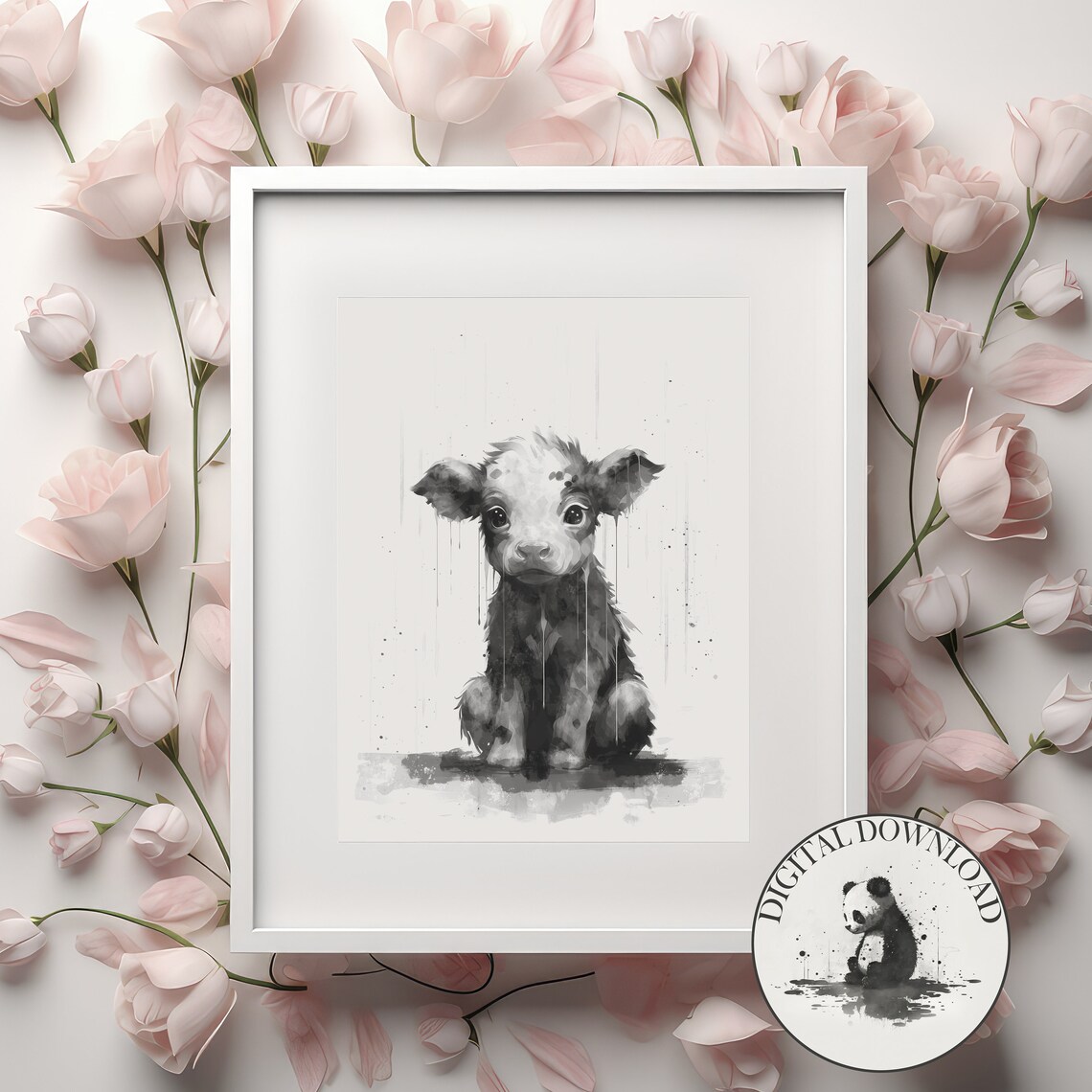 Sweet Baby Cow In Rain Black And White Ink Drawing Poster Art